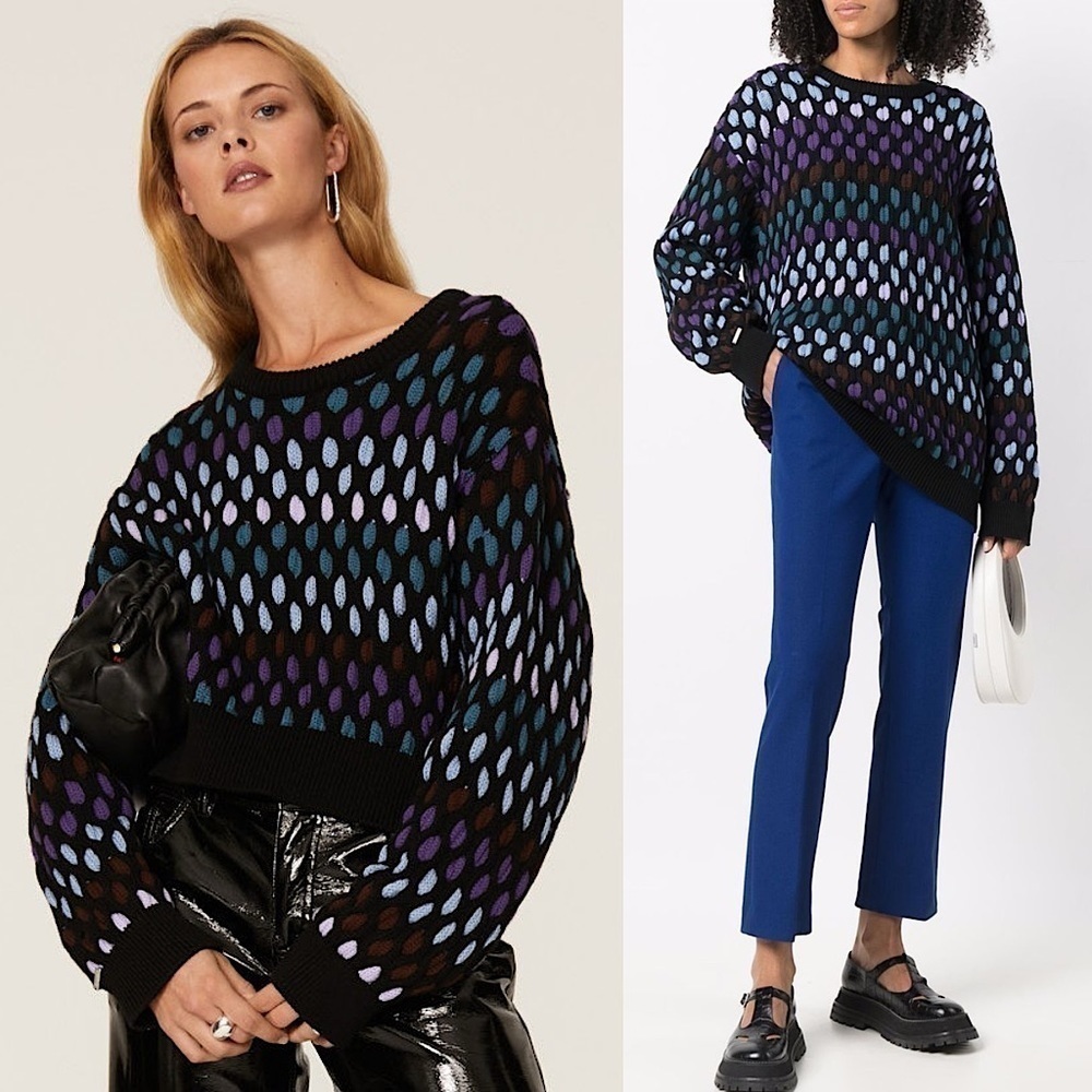 KOCHE Wool Cotton Chunky Knit Colorblock Stripe Crop Crewneck Pullover Sweater S